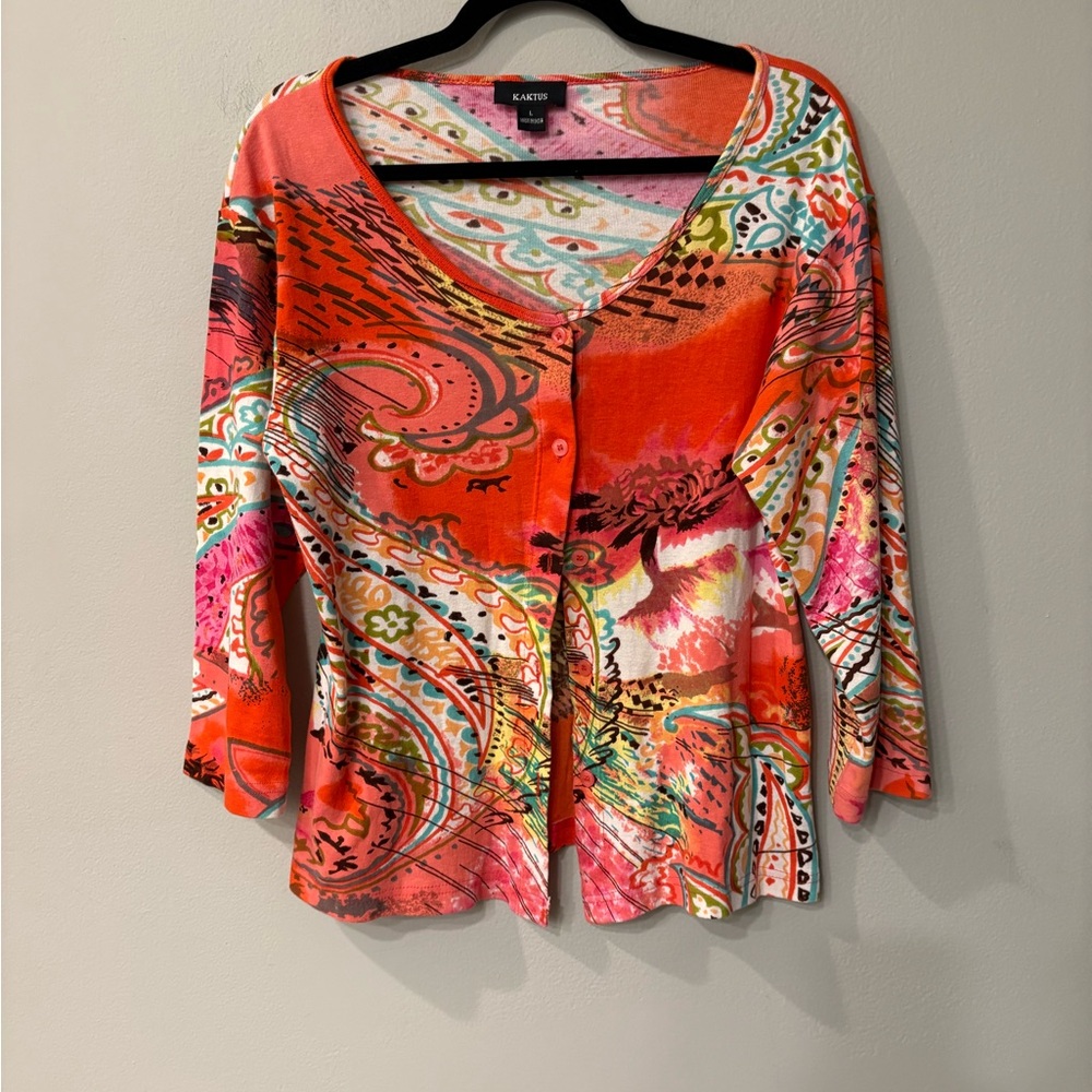 Kaktus Women's Coral Pink Multi-Print V-Neck Button Cardigan in Size Large